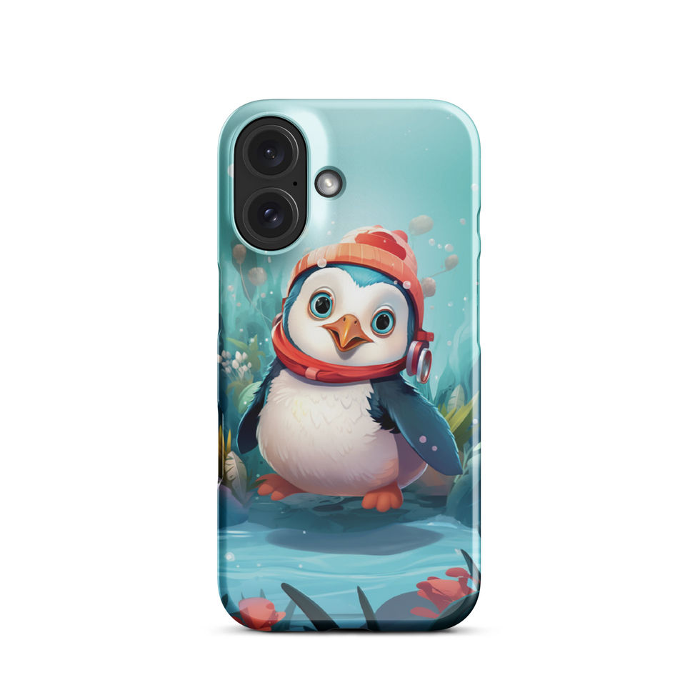 Aquatic penguin-mockup-21 showing Aqua Explorer artwork on an iPhone snap phone case