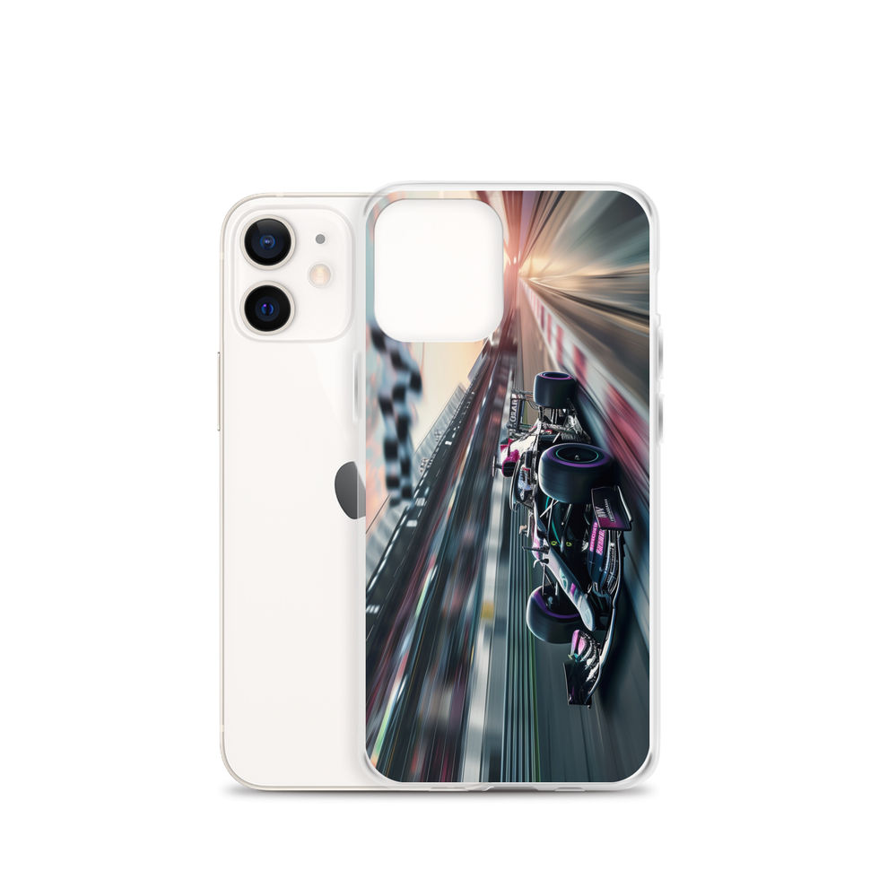Midnight Velocity Clear case for iPhone 12 mini, race car and night lights, rear view on white