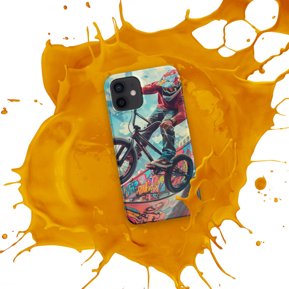 Urban Thrill Snap case for iPhone 12, BMX rider above graffiti ramp, orange paint splash background