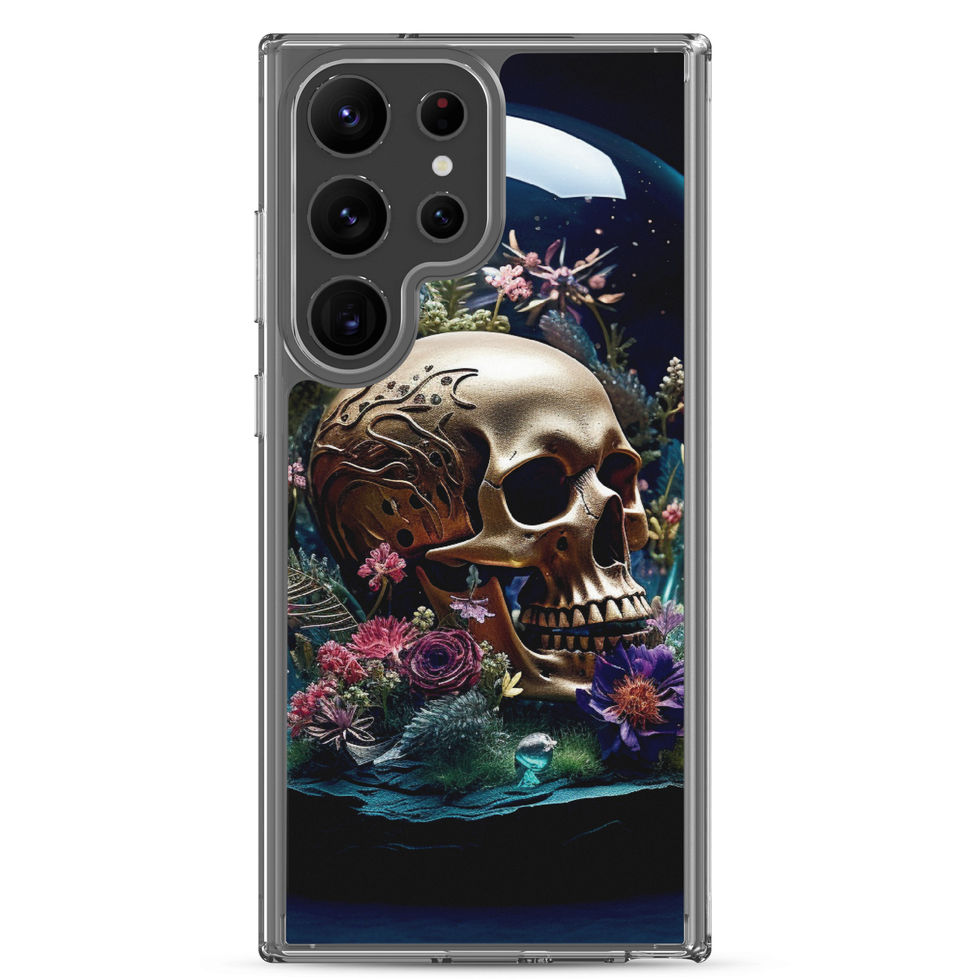 Product image of Gilded Veil Samsung clear case showing deep green leaves under the portrait