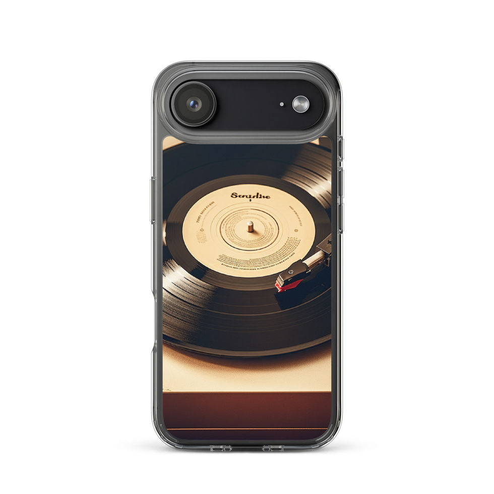 Golden Grooves clear iPhone case front view beside black glasses and a gold wristwatch, image 1.