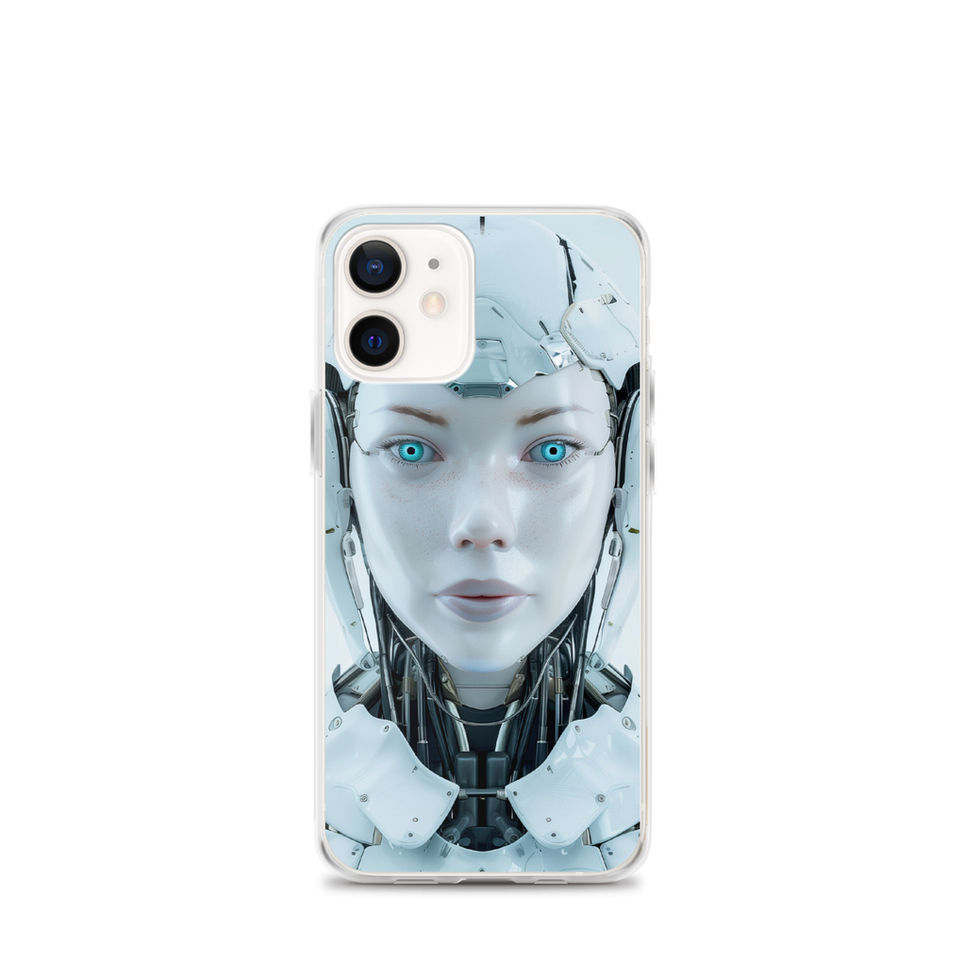 Porcelain-white robot portrait on a transparent iPhone case – close-up artwork detail