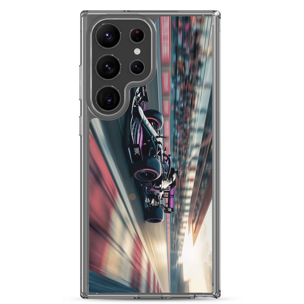 Black n Purple Power Clear case for Galaxy S23 Ultra, black and purple race car artwork, rear view on white
