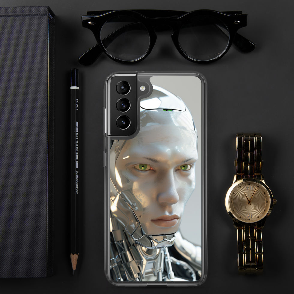 Neural Titan clear Samsung case with warm amber metallic reflections on a full back mockup