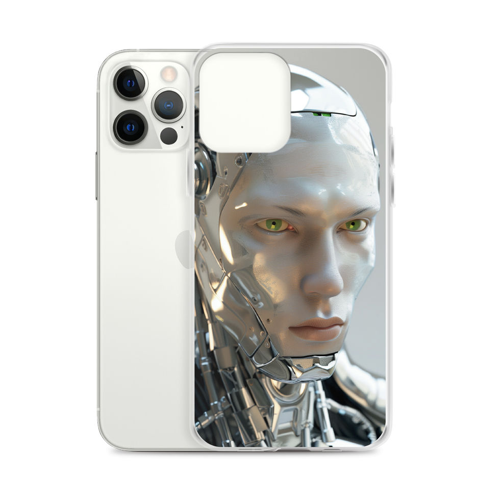 Neural Titan clear iPhone case with pale green artificial intelligence eyes in a clean gallery view