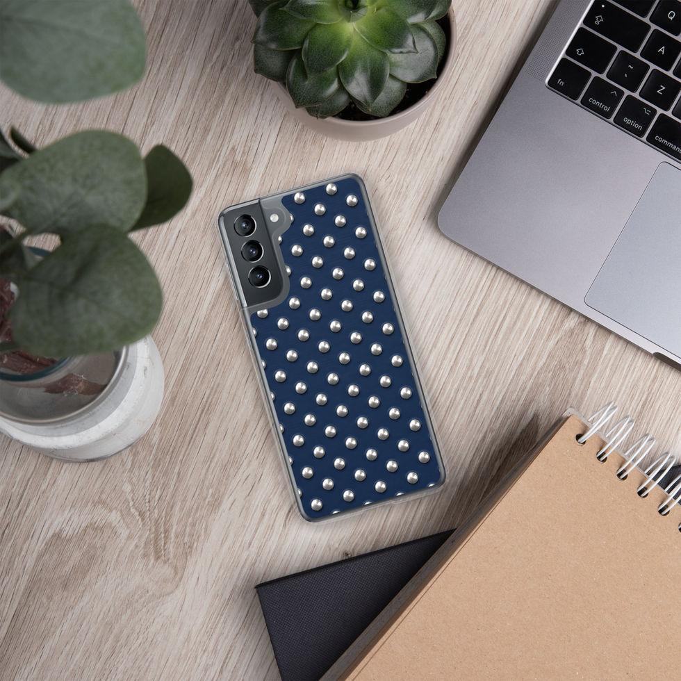 Midnight Silver Dots clear case for Samsung Galaxy S21, silver-look dots on navy blue, alternate view 3