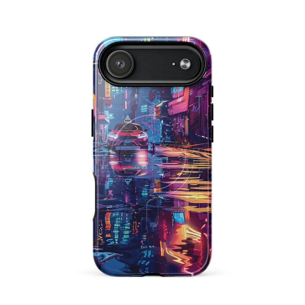 Neon Alley MagSafe iPhone case with a colourful night scene framed by tall buildings.