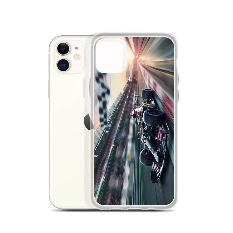 Midnight Velocity Clear case for iPhone 11, race car and night lights, phone and case on white