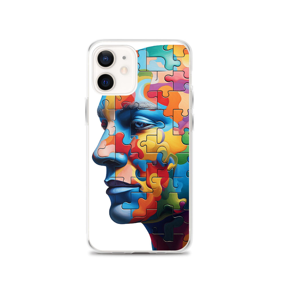 Mind in Pieces clear iPhone case with fractured portrait artwork, upper design detail