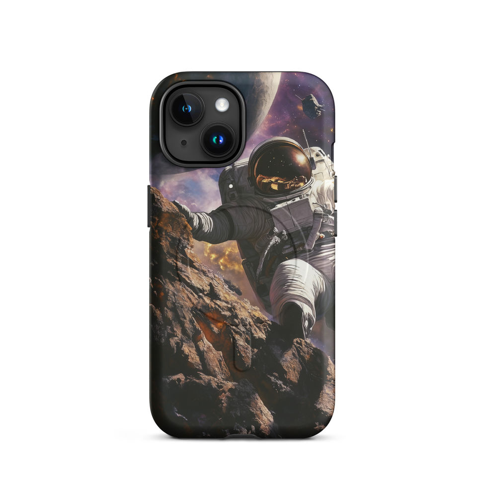 Space-themed iPhone case with an astronaut climbing rocky ground beneath a glowing violet sky