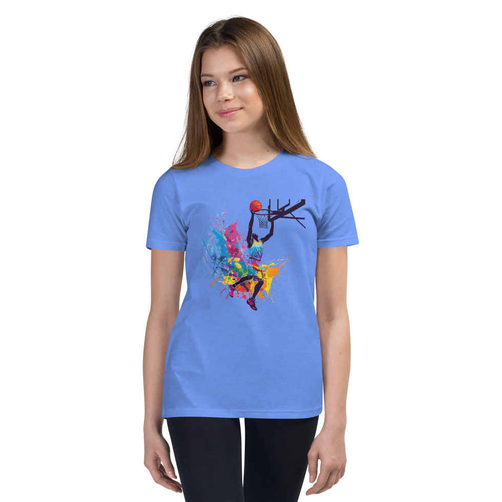 Dynamic Splash Dunk: heather Columbia blue youth T-shirt with a basketball player and bright paint splashes, on child