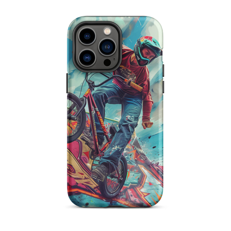 Ramp Rebel Tough case for iPhone 14 Pro Max, red-jacketed BMX rider and graffiti, rear view on white background