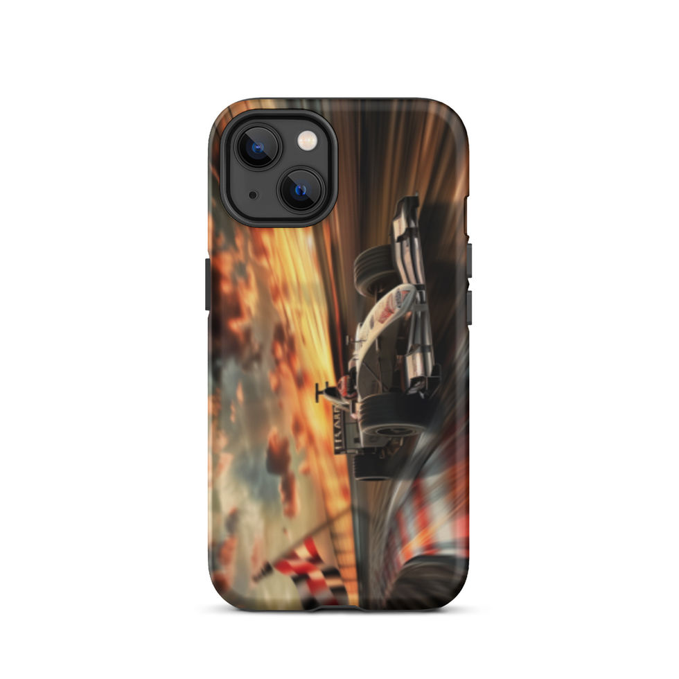 Sunset Speed Tough case for iPhone 13, dark race car on golden sunset track, rear view on white background