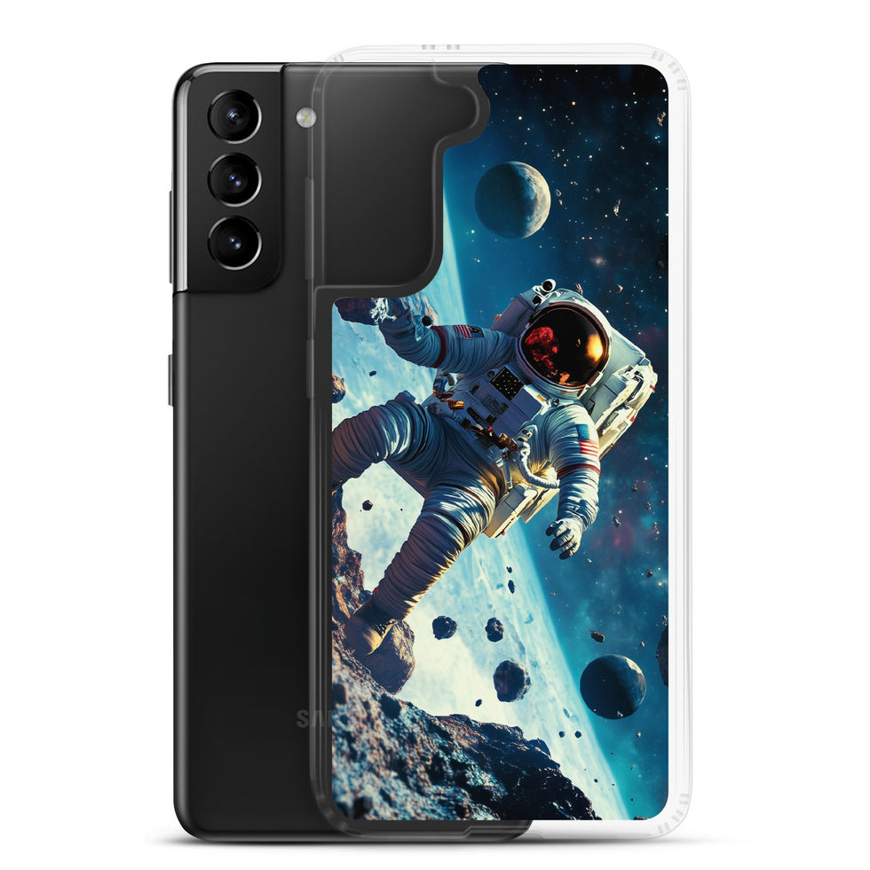 Asteroid Drift clear case on Samsung Galaxy S21, astronaut and blue space artwork over a light phone finish