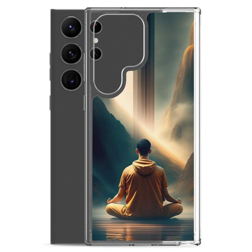 Zen Ascension Samsung clear case, showing meditating figure beneath a glowing vertical shaft.