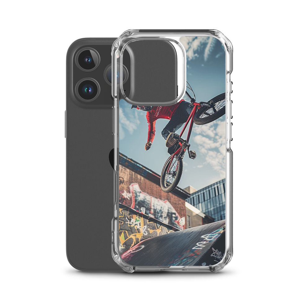Skybound Stunt Clear case for iPhone 16 Pro, BMX rider above graffiti ramps, rear view on white