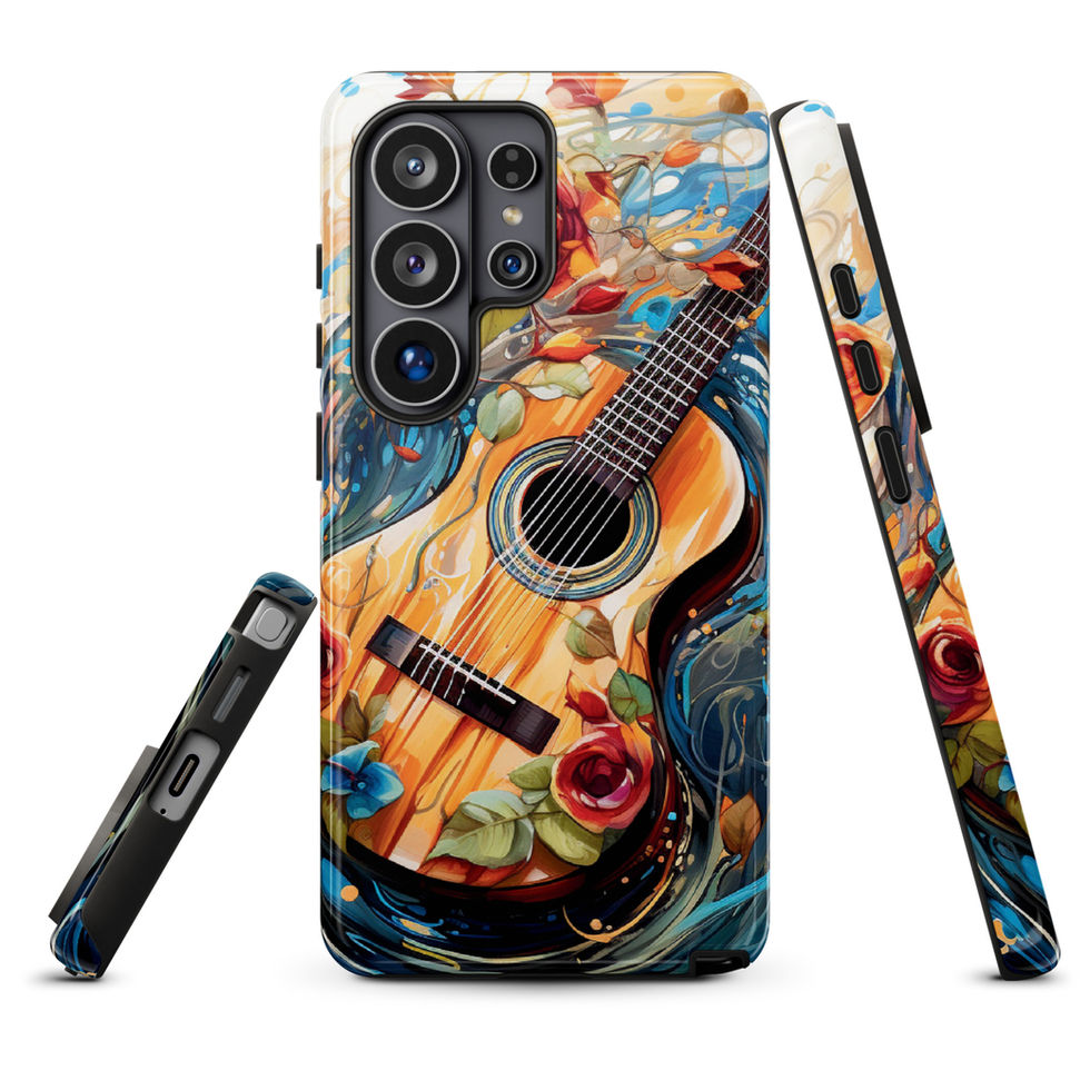 Melodic Waves protective Samsung Tough Case beside a small speaker, showing the blue music-and-ocean artwork, image 15.