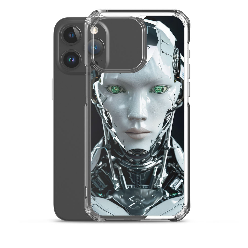 Futuristic silver robot face with engineered neck details; studio case preview on an iPhone® Clear Case.
