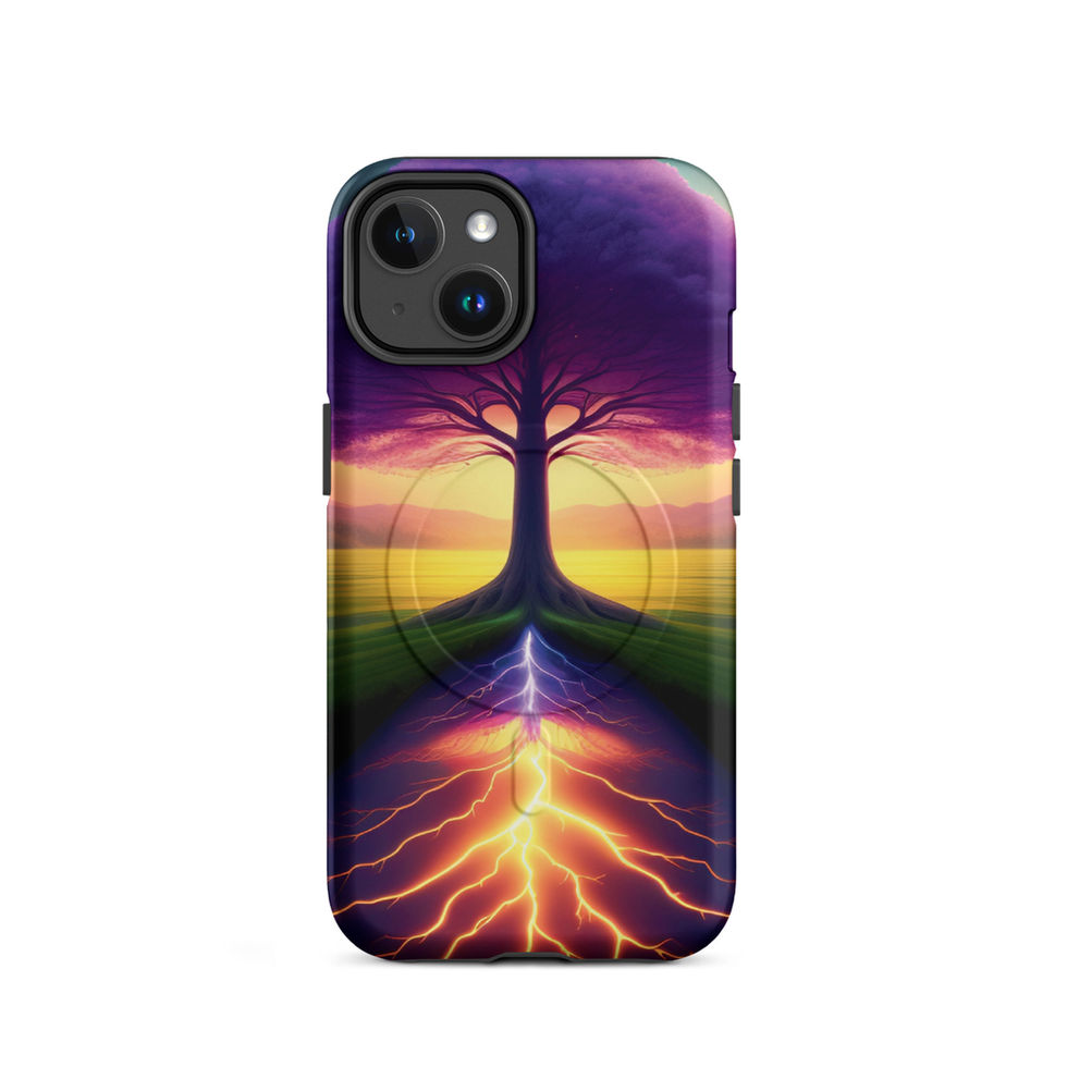 Ethereal Roots MagSafe iPhone case with branching tree silhouette against a pink sunset.