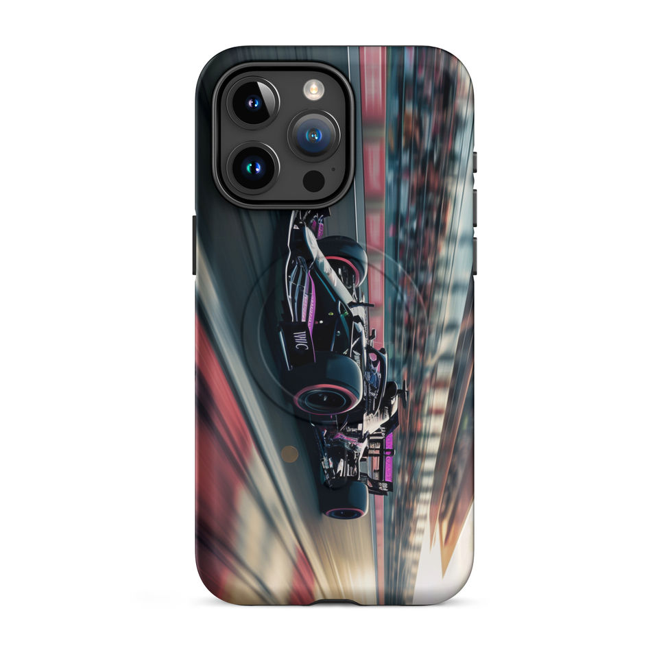 Black n Purple Power MagSafe Tough case for iPhone 15 Pro Max, black and purple race car artwork, rear view on white