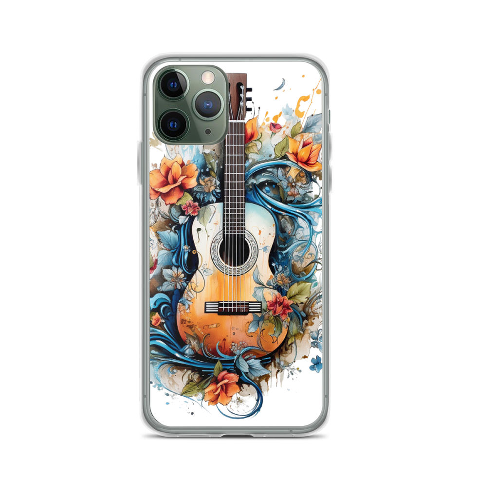 Nature’s Song clear iPhone case front view in a workspace beside a keyboard, showing the floral music artwork, image 4.