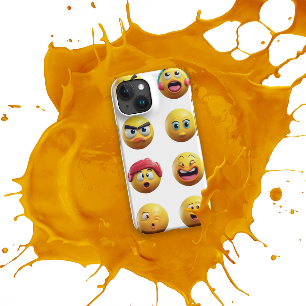 Emoji Frenzy snap iPhone case showing playful eyes and mouths across its upright design, over an orange paint splash.