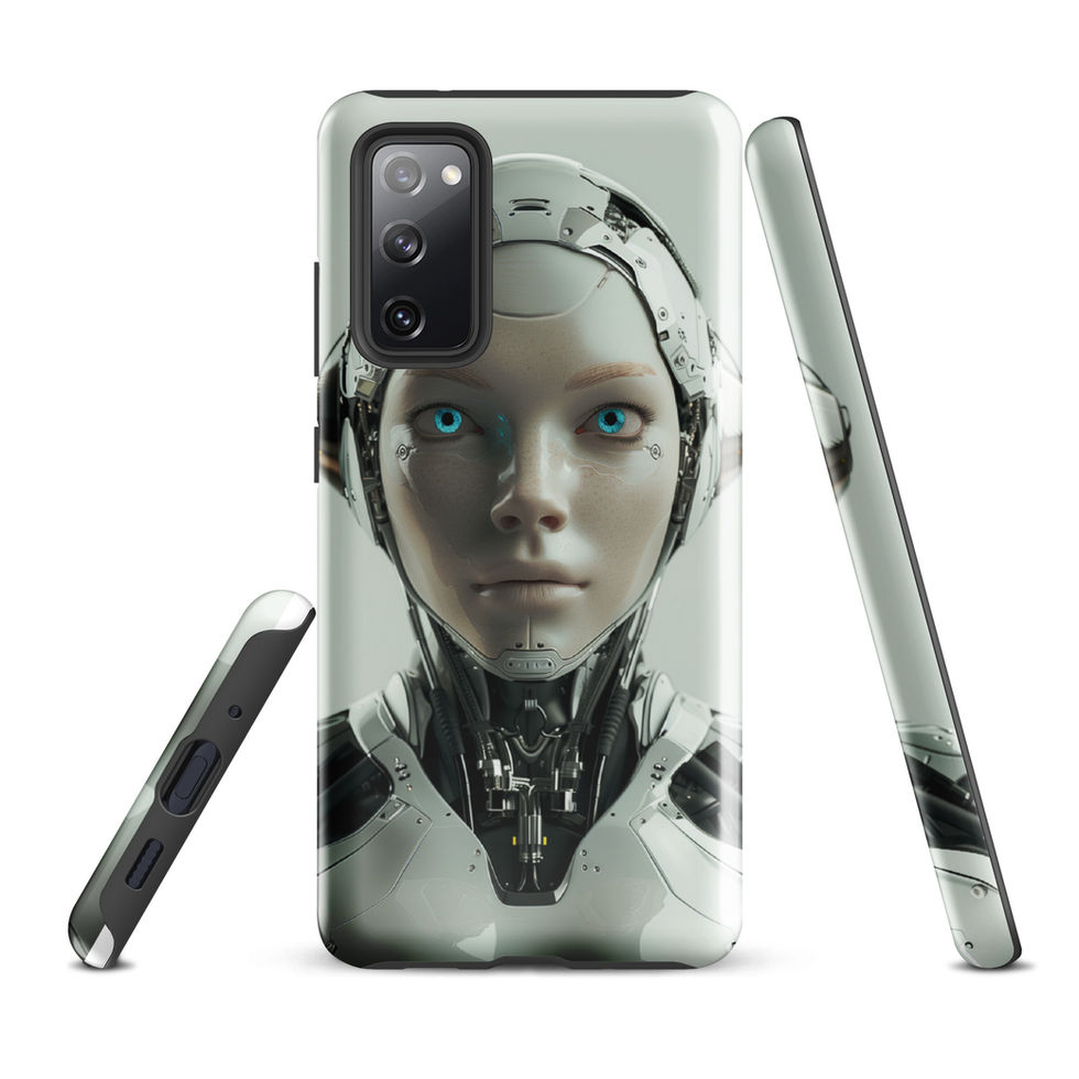 Pale-metal female android with graphite neck mechanics; front product view on a Samsung® Tough Case.