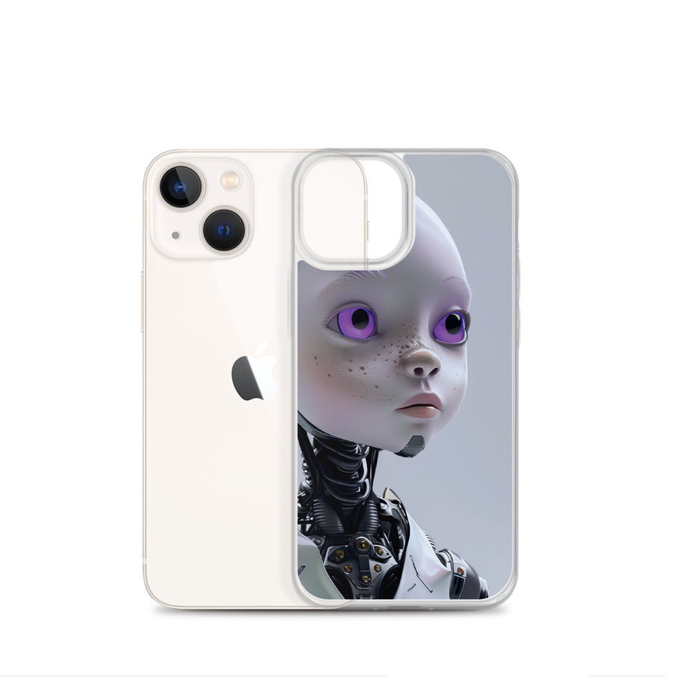 detailed sci-fi android character design on a crystal-clear iPhone protective cover, clean studio front view