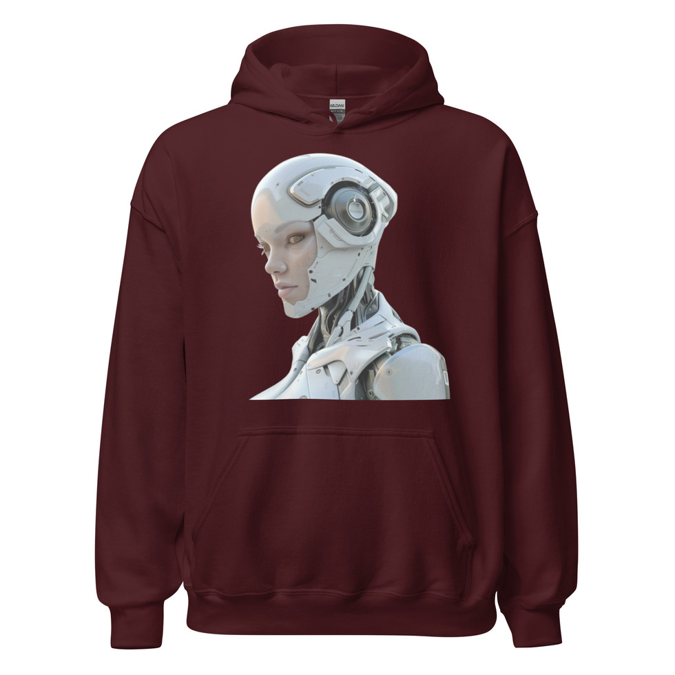Ethereal Circuitry: maroon unisex hoodie with a silver robot profile with circular ear panels