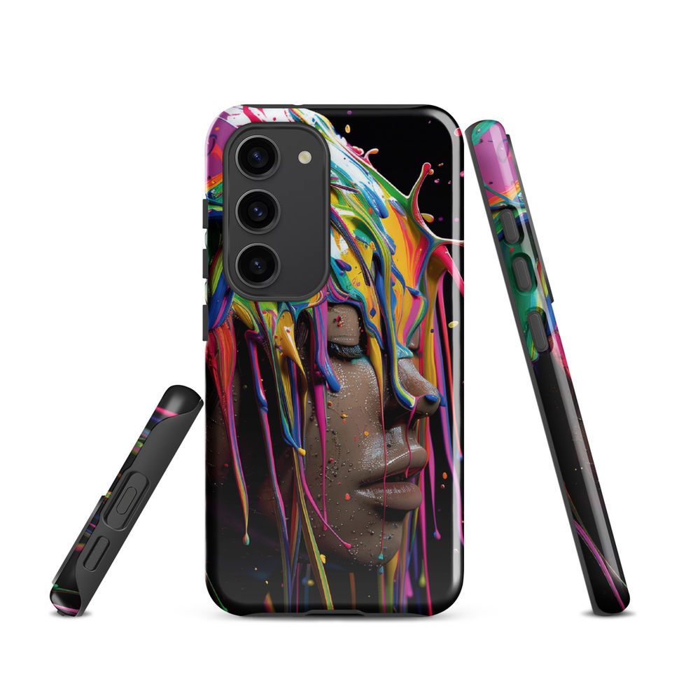 Dripping Dreams protective tough Samsung case with fluid colourful surreal portrait artwork, camera cutout close-up, image 5