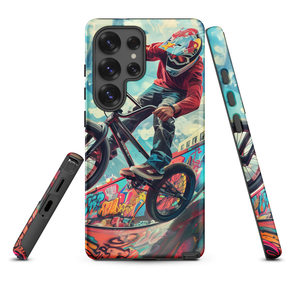 Urban Thrill Tough case for Galaxy S25 Ultra, BMX rider above graffiti ramp, rear and side views on white background