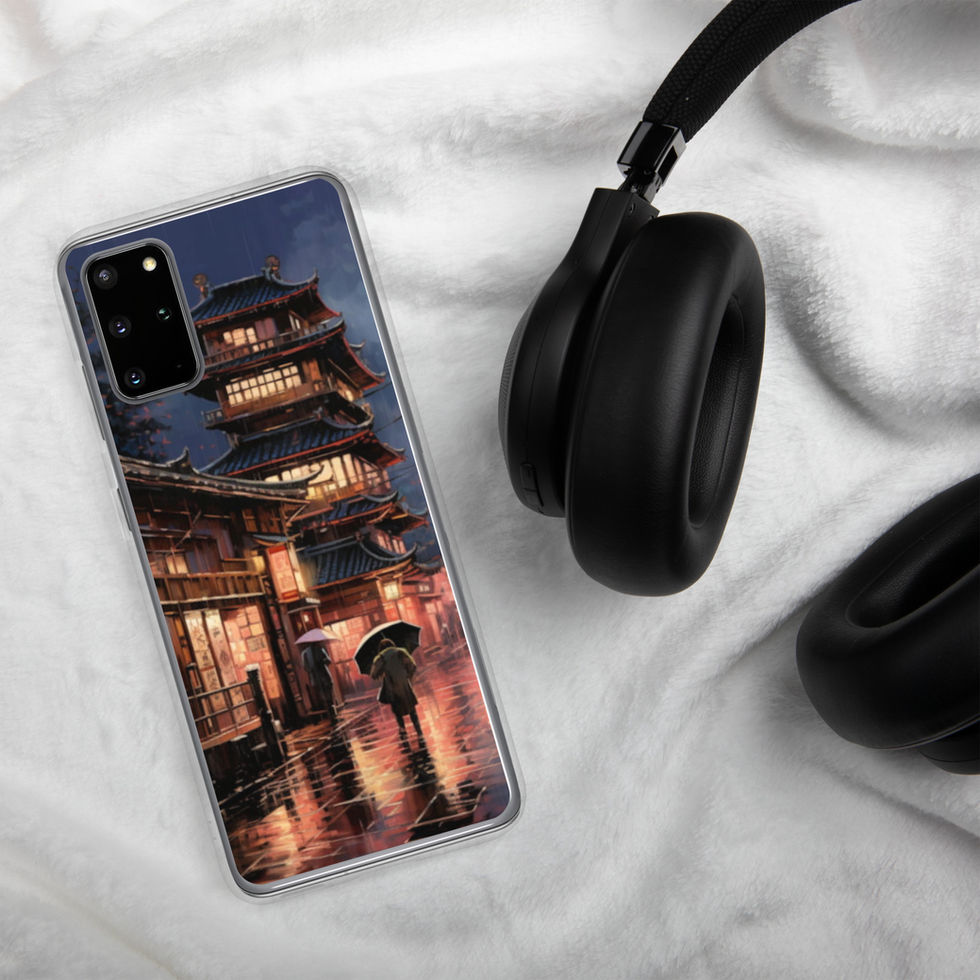 Rainy Kyoto Nights Samsung clear case showing a glowing pagoda, beside black headphones on fabric.