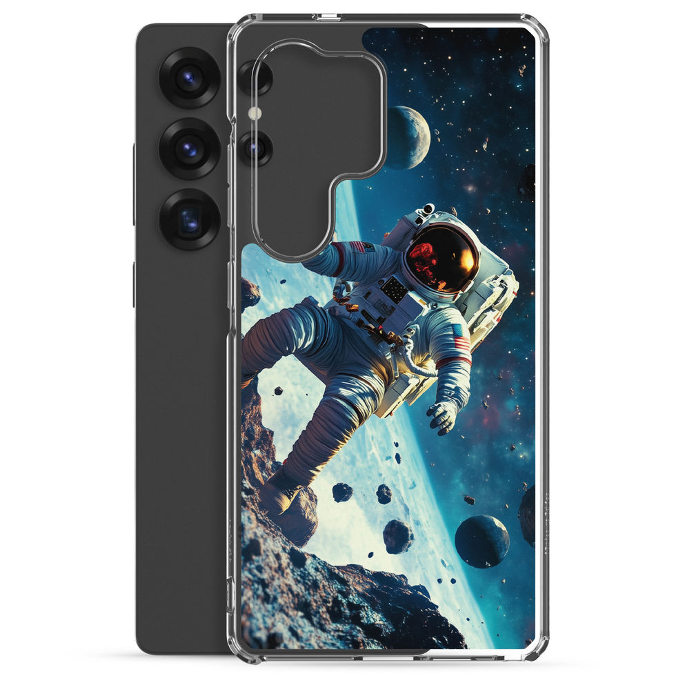 Asteroid Drift clear case on Samsung Galaxy S23, astronaut and blue space artwork over a light phone finish