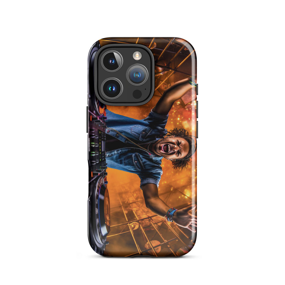 Cosmic DJ tough case for iPhone 16 Pro Max with orange-and-blue DJ illustration on a dark background