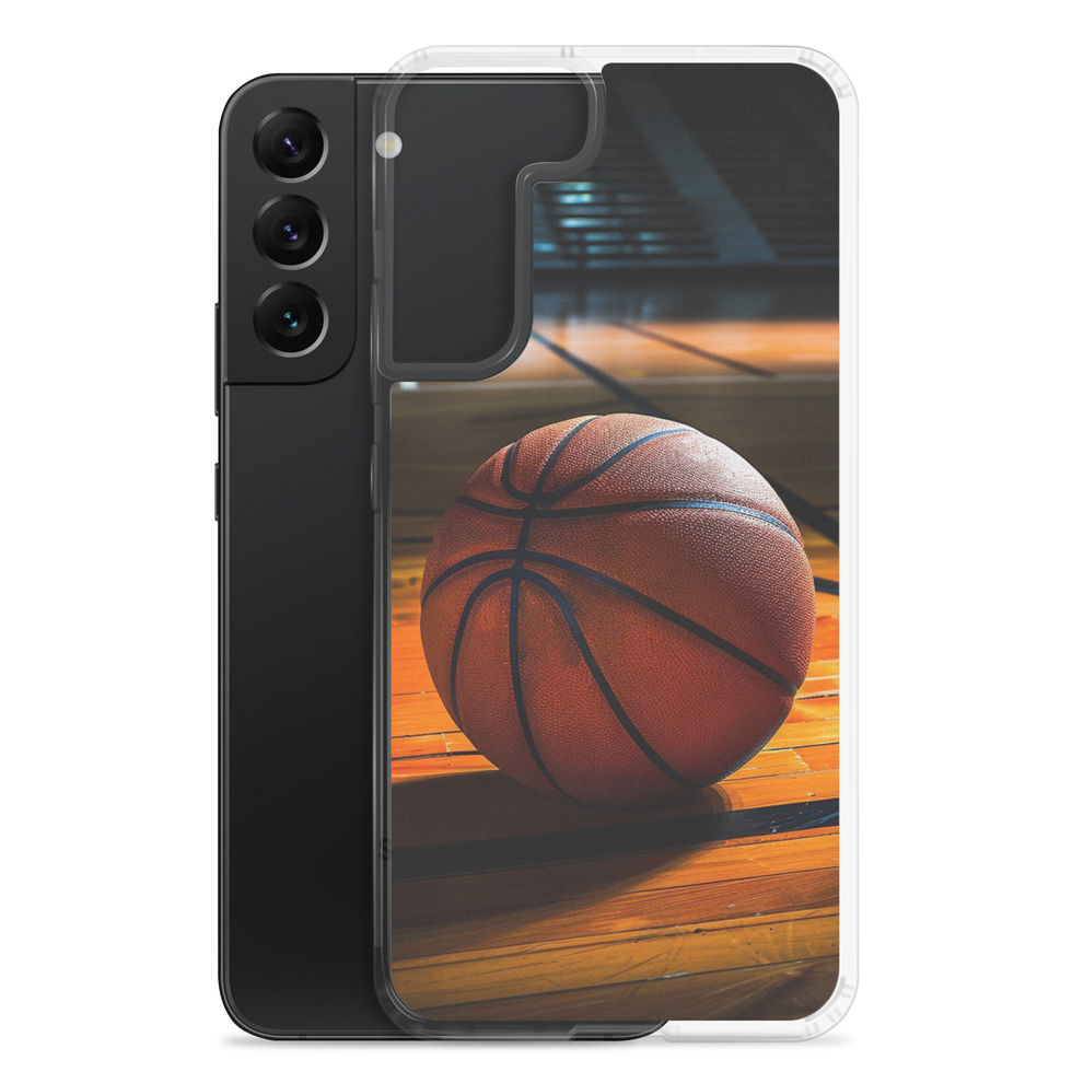 Final Buzzer Clear case for Galaxy S22 Plus, basketball on warm timber court artwork, phone and case on white