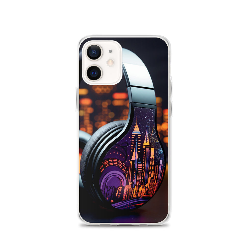 Neon Skyline clear iPhone case with orange-lit buildings and purple headphone detail, gallery image 14 of 50