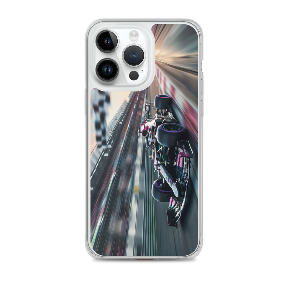 Midnight Velocity Clear case for iPhone 14 Pro Max, race car and night lights, phone and case on white