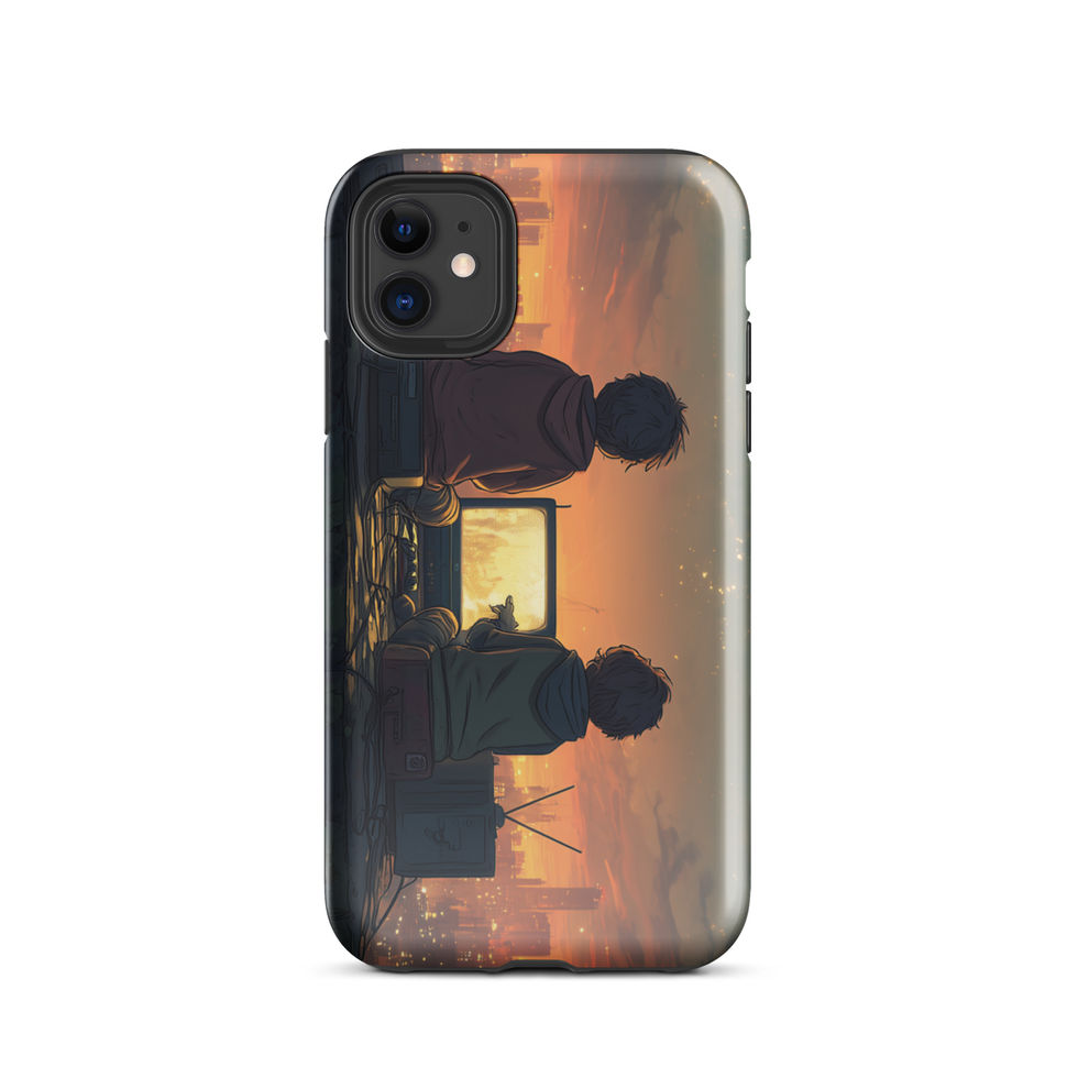 Rooftop Retro Nights neon rooftop gaming artwork on iPhone 11 Pro tough phone case, angled view, gallery image 2