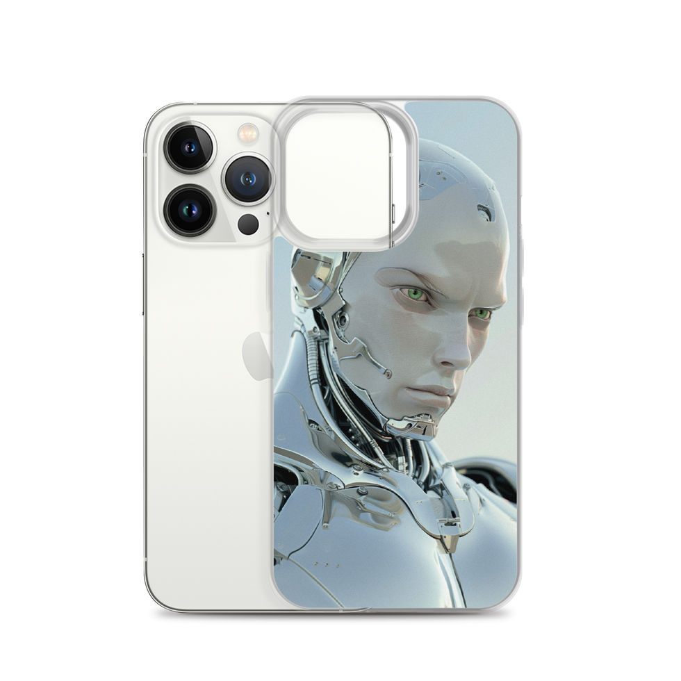Chrome Sentinel clear iPhone case — reflective chrome shoulder armour on a full clear-case mockup