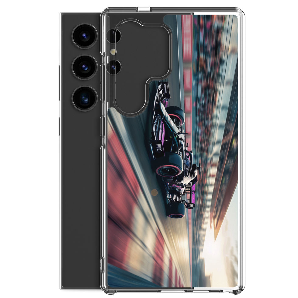 Black n Purple Power Clear case for Galaxy S24 Ultra, black and purple race car artwork, rear view on white