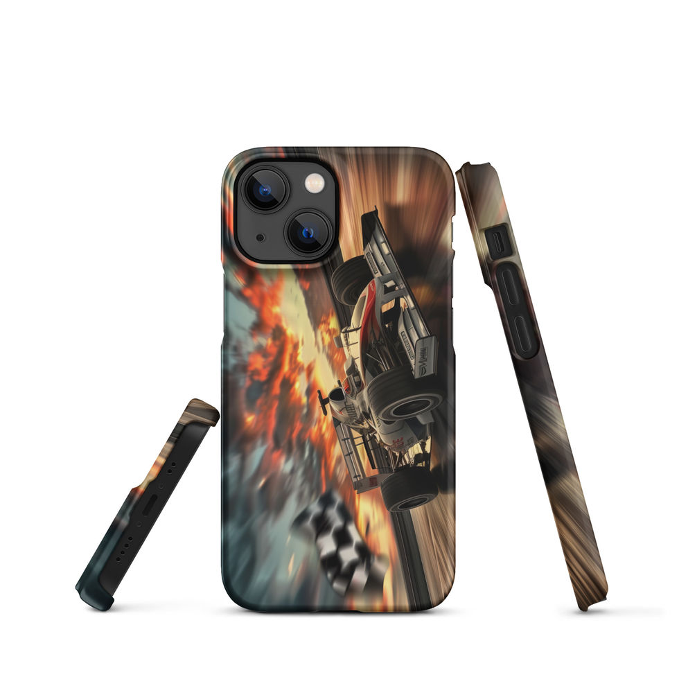 Final Lap Fury Snap case for iPhone 13 Mini, black race car and fiery flag, rear and side views on white