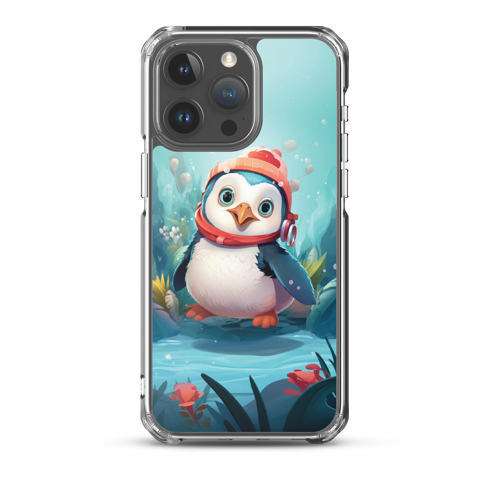 Aquatic penguin-mockup-33 showing Aqua Explorer artwork on an iPhone clear phone case