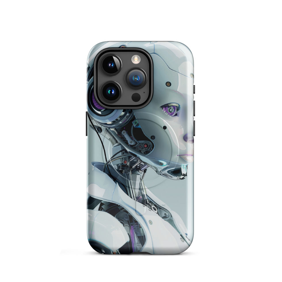 Synth Aurora AI-inspired iPhone case with luminous eye detail and sleek android design