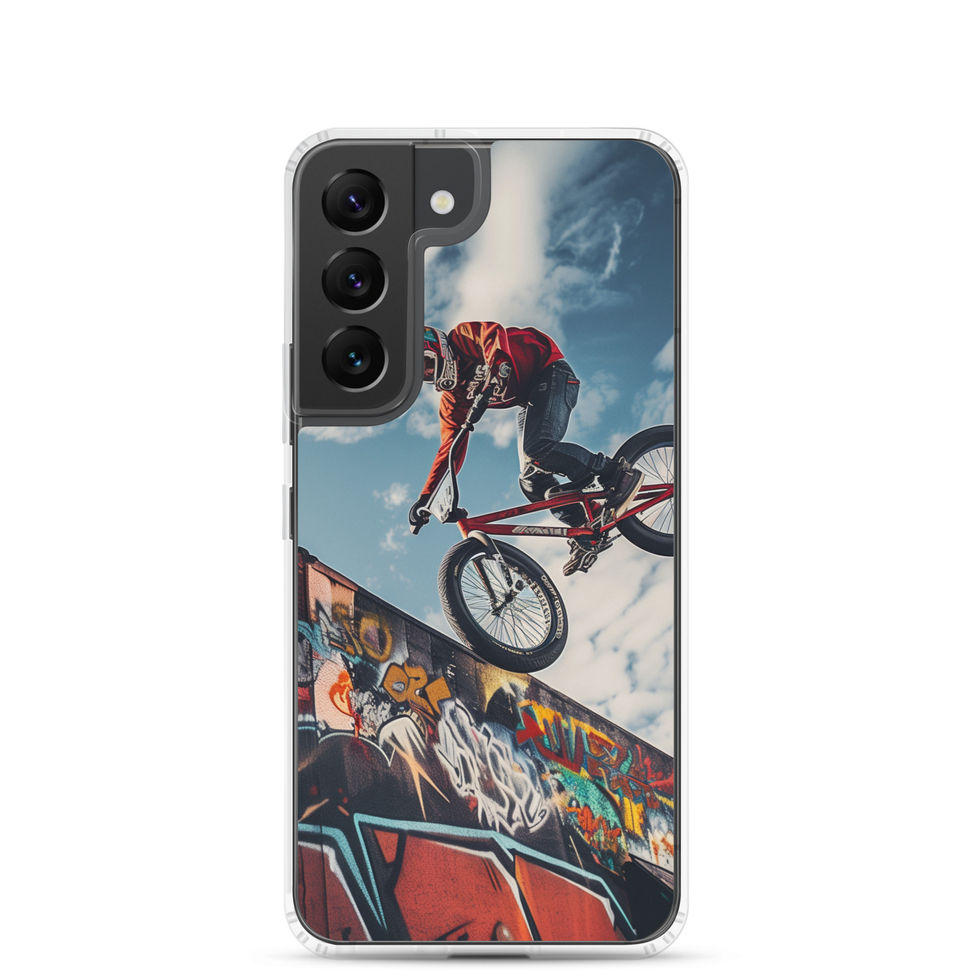 Graffiti Air Clear case for Galaxy S22, BMX rider above graffiti ramp, rear view on white