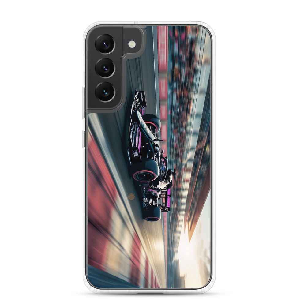 Black n Purple Power Clear case for Galaxy S22 Plus, black and purple race car artwork, rear view on white