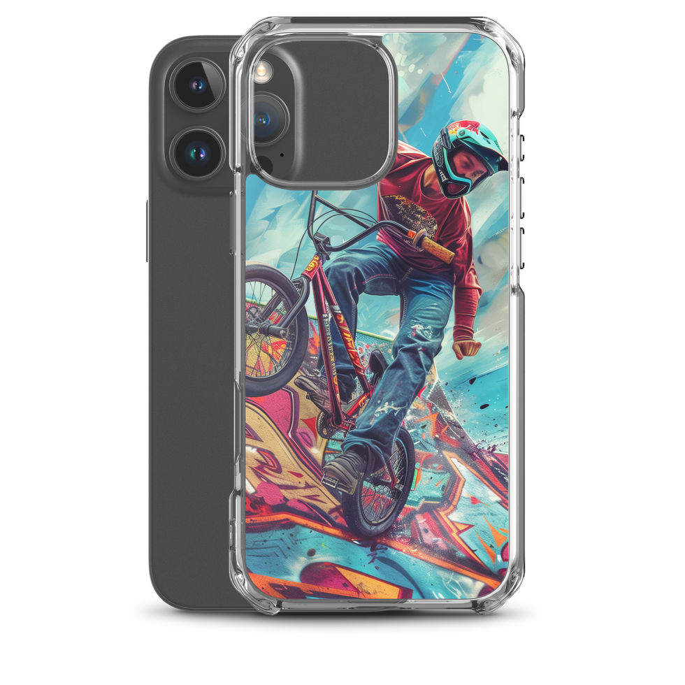 Ramp Rebel Clear case for iPhone 16 Pro Max, red-jacketed BMX rider and graffiti, rear view on white