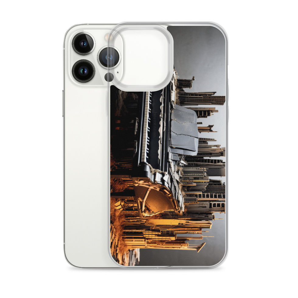 Urban Symphony clear iPhone case angled rear view in a close product crop, showing the piano and city design, image 19.