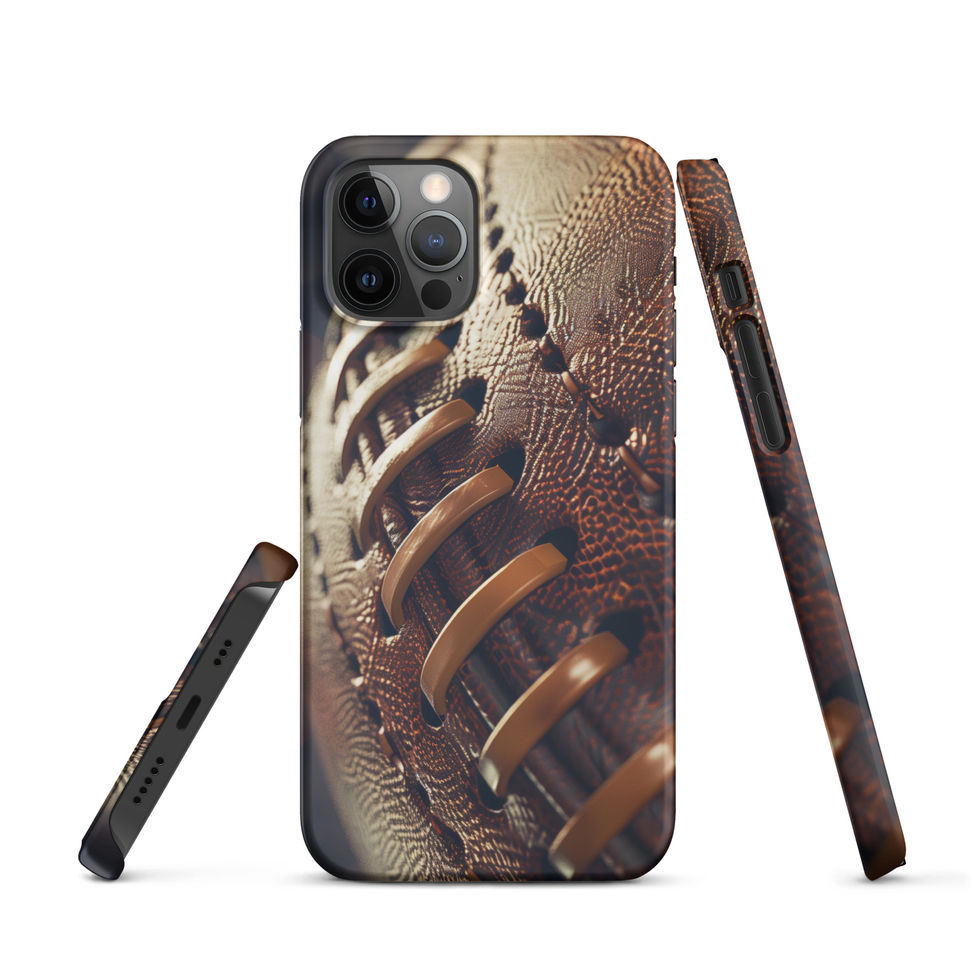 Stadium Lights Snap case for iPhone 12 Pro, worn football artwork and golden laces, rear and side views on white