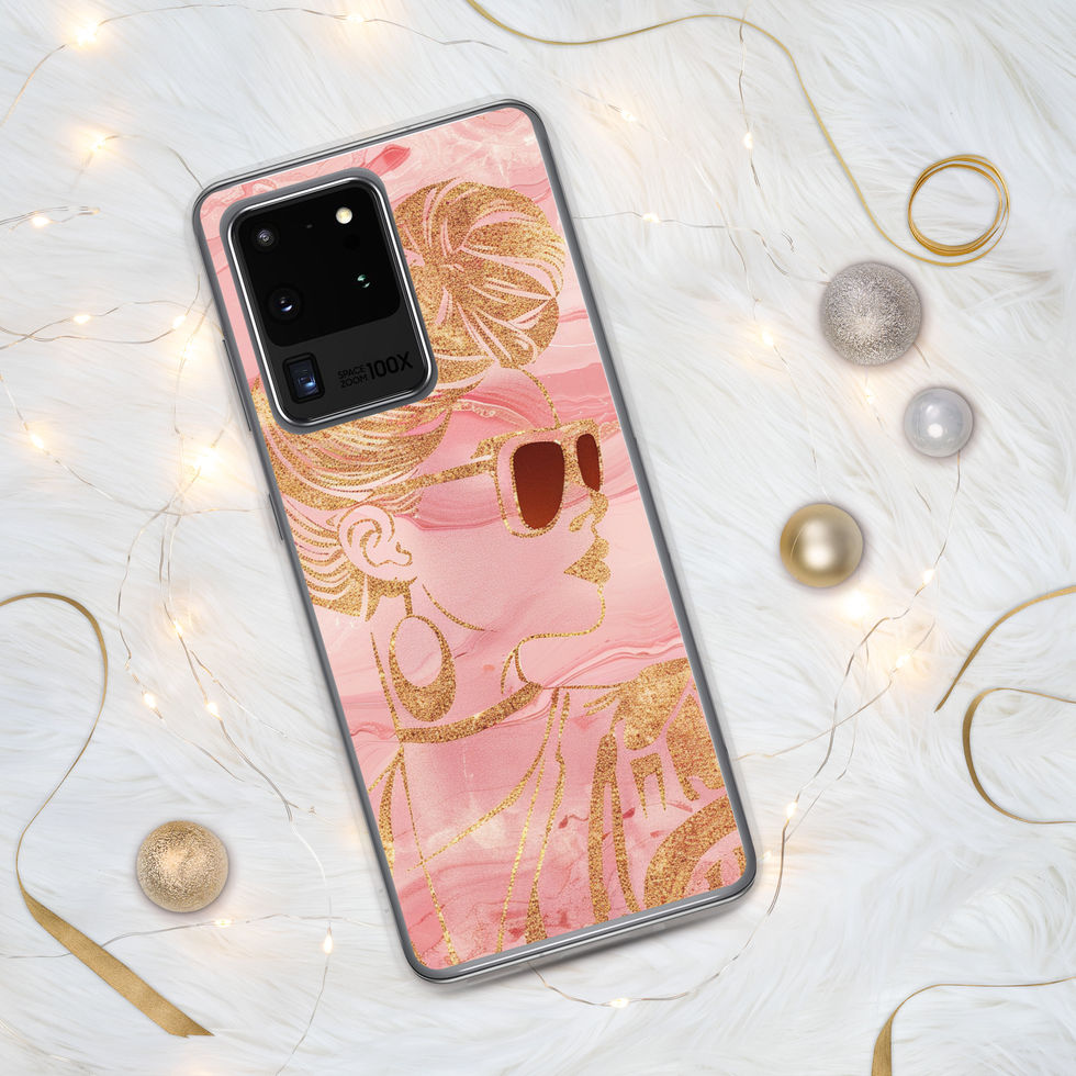 Golden Luxe artwork on a transparent Samsung case, with pink marbling and fine golden flowers.