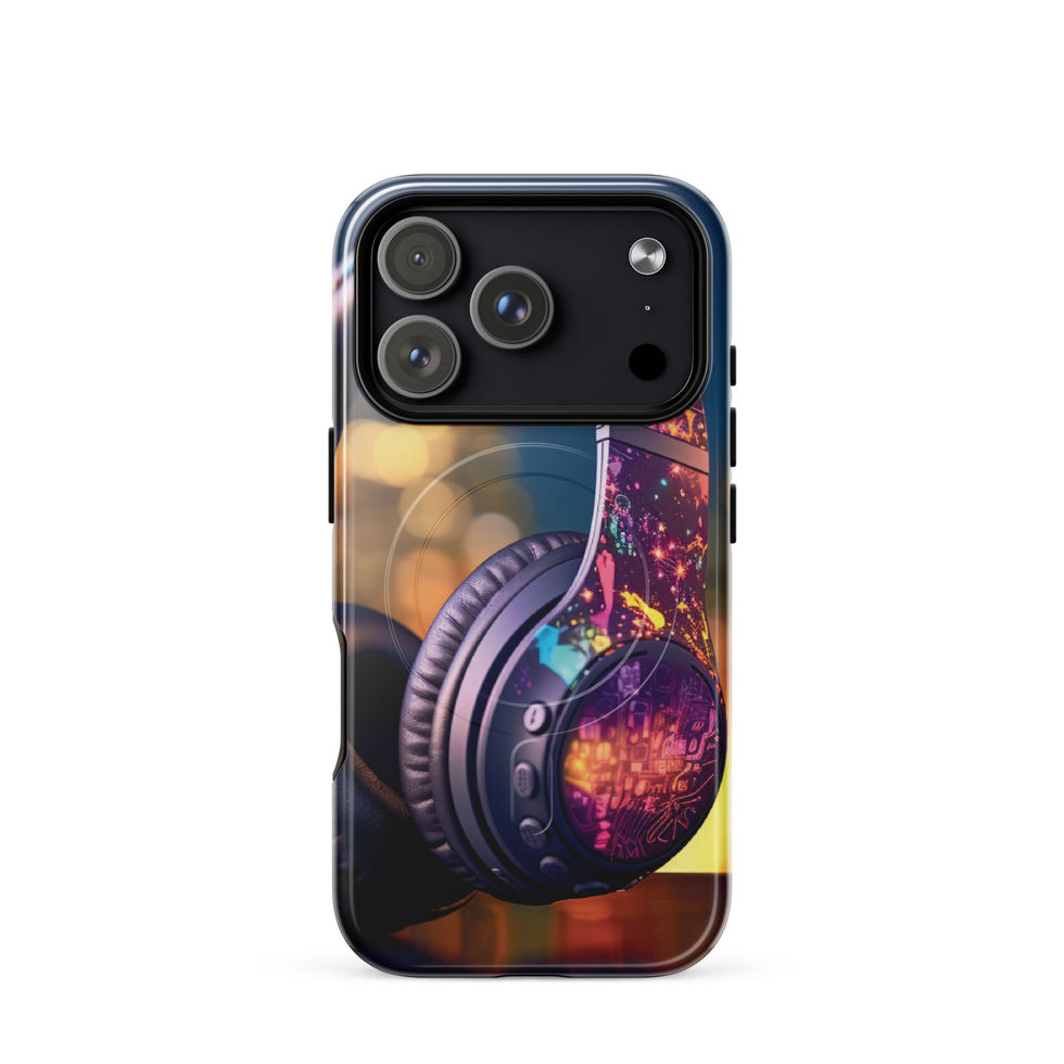 Electric Pulse MagSafe tough case for iPhone 17 Pro showing colourful headphones against warm lights